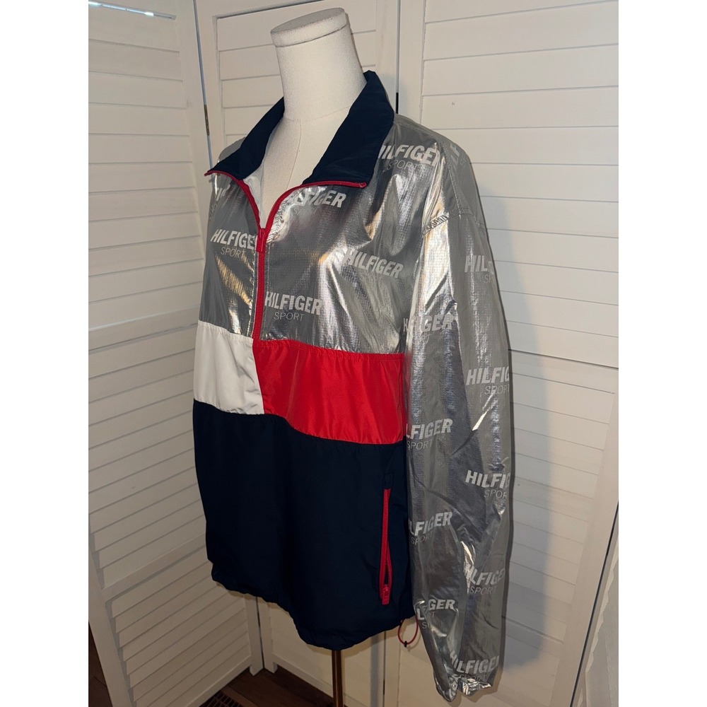 Tommy Hilfiger Sport Men Silver Metallic Colorblock Windbreaker Jacket LG - Picture 4 of 9